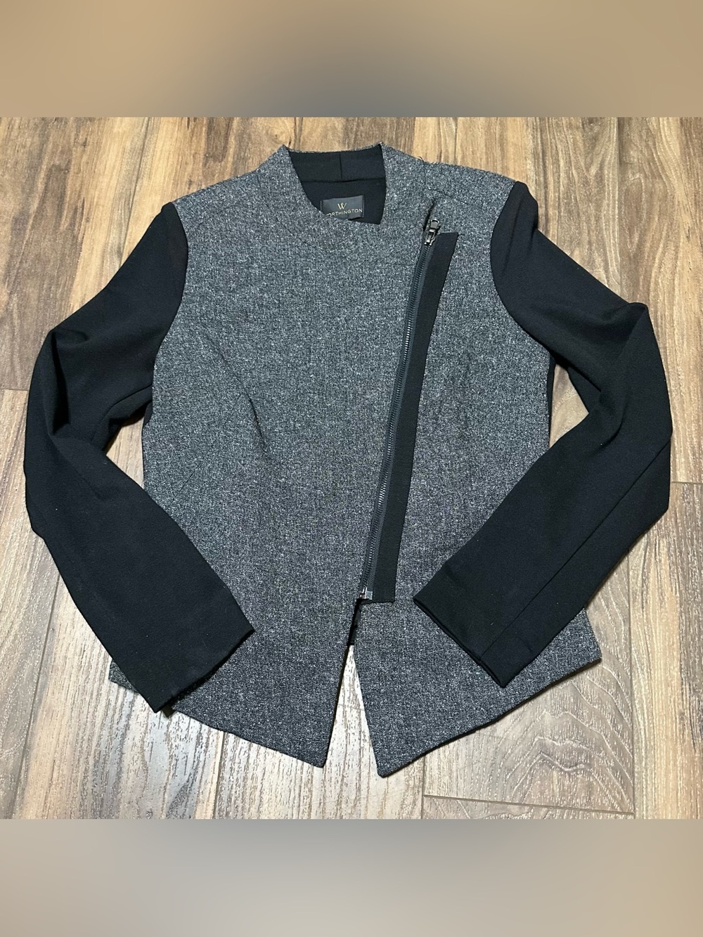 New Worthington Jacket Women’s S  Gray Black Tweed Moto Asymmetrical Zip Lined